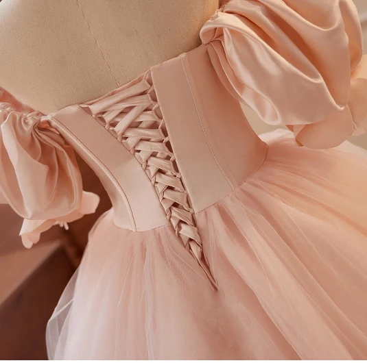 Chic / Beautiful Blushing Pink Beading Prom Dresses 2023 Ball Gown Off-The-Shoulder Puffy Short Sleeve Backless Floor-Length / Long Prom Formal Dresses