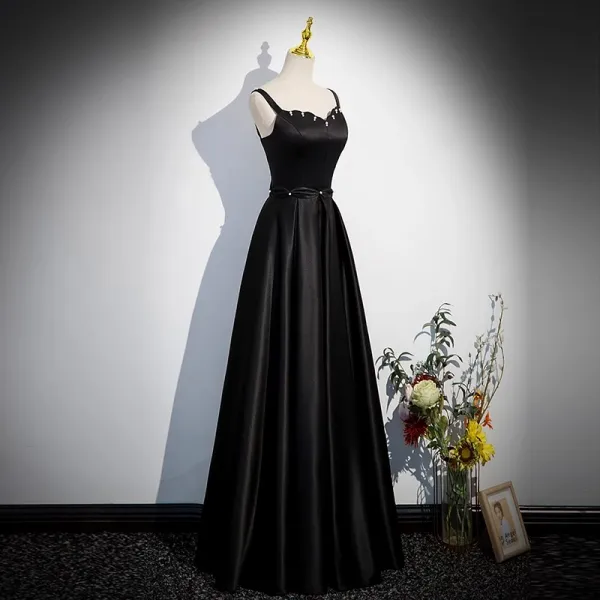 Charming Black Pearl Evening Dresses 2023 A-Line / Princess Spaghetti Straps Sleeveless Backless Floor-Length / Long Satin Evening Party Formal Dresses