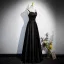 Charming Black Pearl Evening Dresses 2023 A-Line / Princess Spaghetti Straps Sleeveless Backless Floor-Length / Long Satin Evening Party Formal Dresses