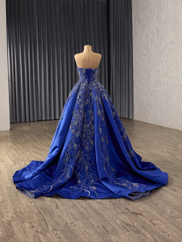 Vintage / Retro High-end Royal Blue Handmade  Beading Sequins Satin Prom Dresses 2025 Trumpet / Mermaid Strapless Sleeveless Backless Court Train Prom Formal Dresses