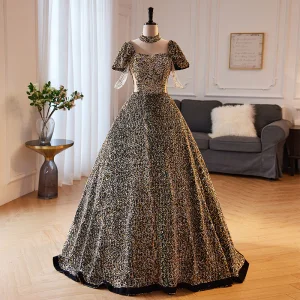 Sparkly Multi Colors Rhinestone Sequins Prom Dresses 2023 Square Neckline A Line Princess Short Sleeve Backless Floor Length Long Prom Formal Dresses