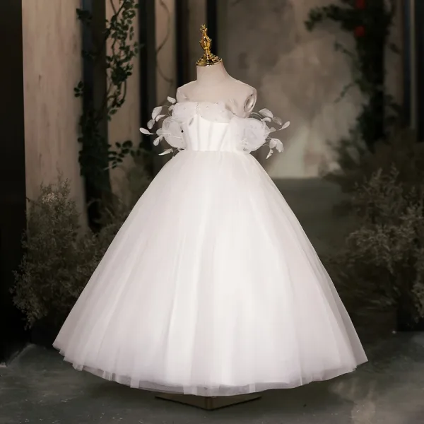 Elegant White Pearl Birthday Flower Girl Dresses 2024 Ball Gown Scoop Neck Short Sleeve Backless Floor-Length / Long Tulle