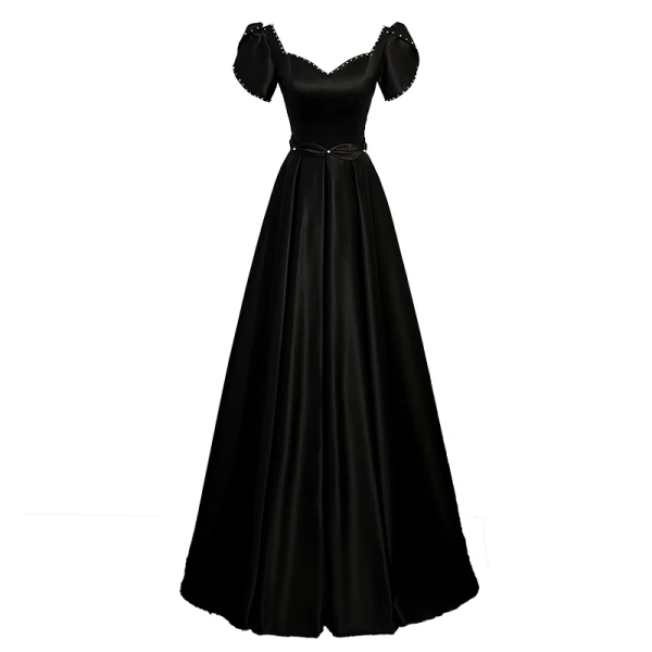 Elegant Black Satin Evening Dresses 2023 A-Line / Princess Square Neckline Short Sleeve Backless Floor-Length / Long Prom Formal Dresses