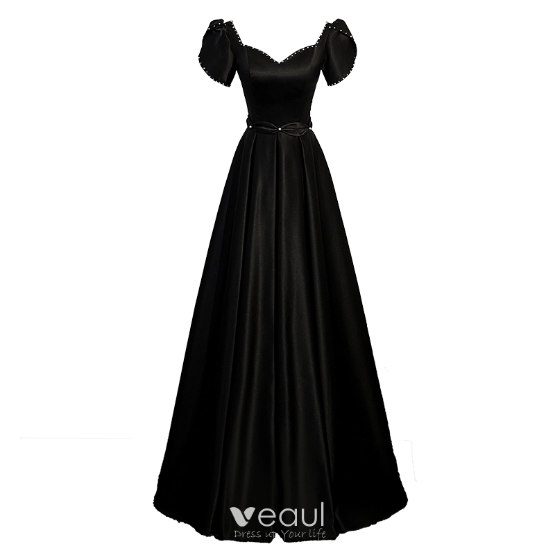 Elegant Black Satin Evening Dresses 2023 A-Line Princess Square Neckline Short Sleeve Elegant Black Satin Evening Dresses 2023 A-Line Princess Square Neckline Short Sleeve