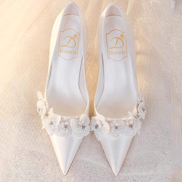 Élégant Ivoire Cuir Chaussure De Mariée 2023 Satin Faux Diamant En Dentelle Fleur Chaussure De Mariée