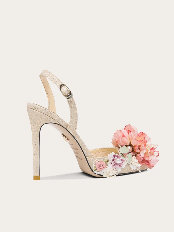 Fashion Champagne Pearl Appliques Sequins Womens Sandals 2023 10 cm Stiletto Heels Pointed Toe Prom Sandals High Heels