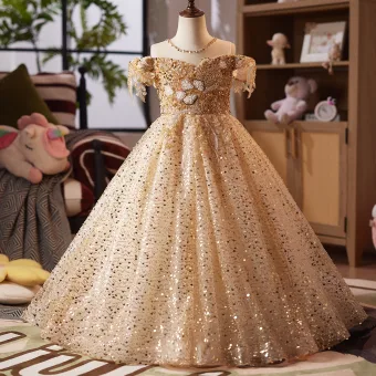 Sparkly Gold Beading Sequins Birthday Flower Girl Dresses 2025 Ball Gown Scoop Neck Short Sleeve Backless Floor Length Long Tulle