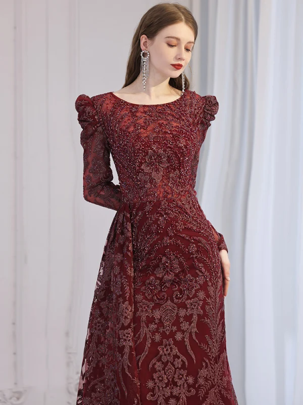 High-end Burgundy Beading Rhinestone Evening Dresses 2023 Trumpet / Mermaid Scoop Neck Long Sleeve Floor-Length / Long Evening Party Formal Dresses