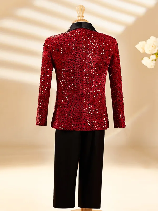 Fall Winter Red Long Sleeve Sequins 6-piece Boys Wedding Suits 2025 Body Jewellery Coat Pants Shirt Tie Vest
