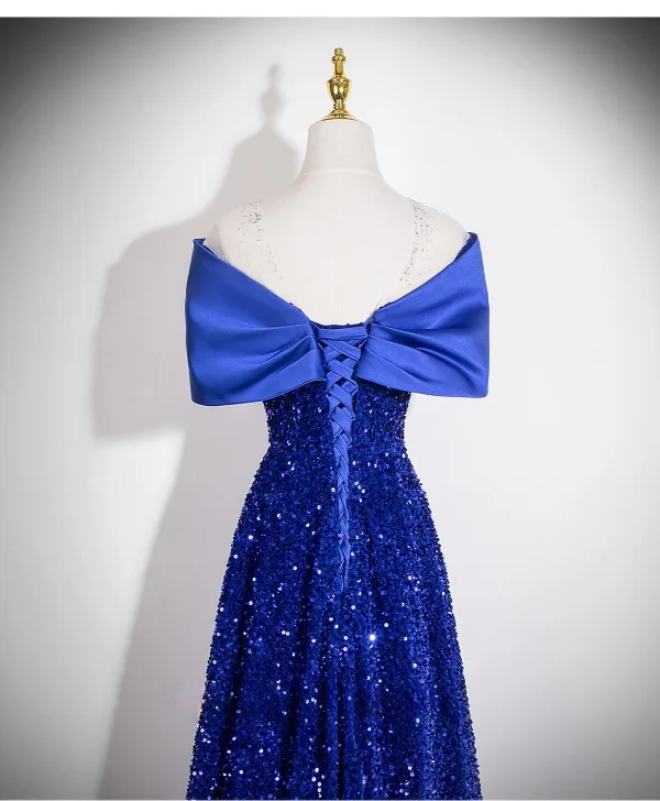 Dazzling Royal Blue Sequins Evening Dresses 2026 A-Line / Princess Off-The-Shoulder Bow Short Sleeve Backless