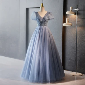 Chic Beautiful Sky Blue Beading Rhinestone Prom Dresses 2023 A Line Princess V Neck Puffy Short Sleeve Backless Floor Length Long Prom Formal Dresses