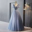 Chic / Beautiful Sky Blue Beading Rhinestone Prom Dresses 2023 A-Line / Princess V-Neck Puffy Short Sleeve Backless Floor-Length / Long Prom Formal Dresses