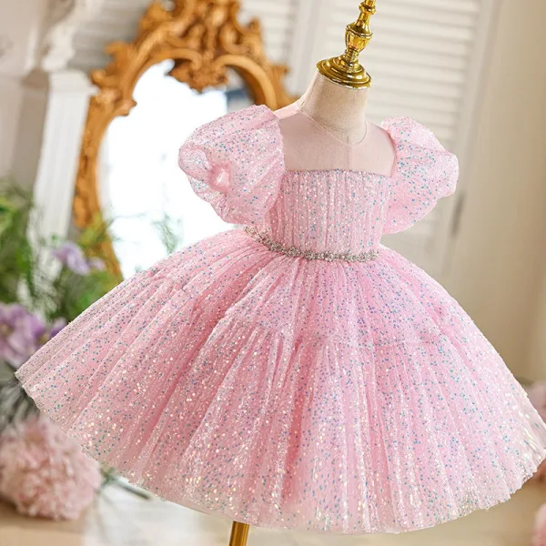 Lovely Blushing Pink Sequins Birthday Short Flower Girl Dresses 2026 Ball Gown Scoop Neck Puffy Short Sleeve