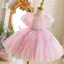Lovely Blushing Pink Sequins Birthday Short Flower Girl Dresses 2026 Ball Gown Scoop Neck Puffy Short Sleeve