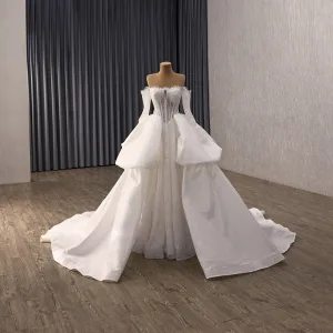 High End White Handmade Beading Lace Flower Satin Wedding Dresses 2025 Ball Gown Off The Shoulder Long Sleeve Backless Chapel Train