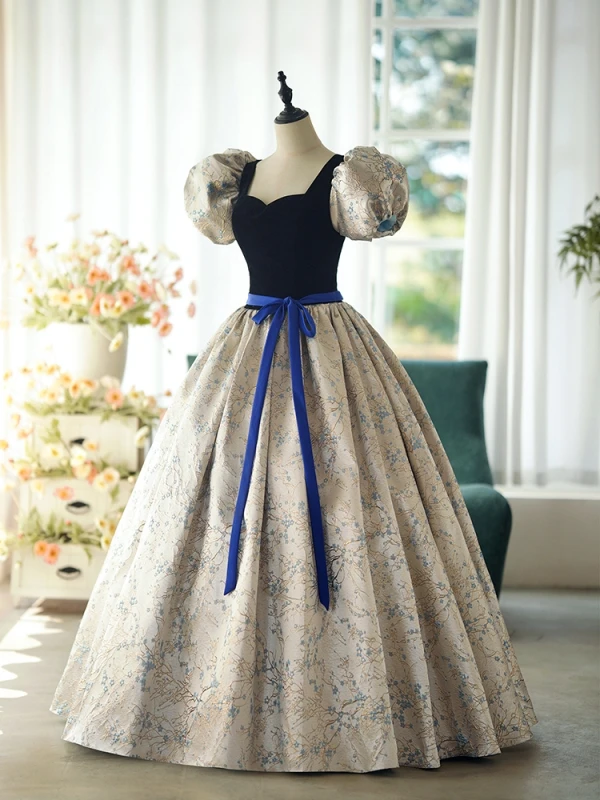 Vintage / Retro Navy Blue Printing Prom Dresses 2024 Ball Gown Square Neckline Puffy Short Sleeve Bow Sash Backless Floor-Length / Long Prom Formal Dresses