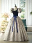 Vintage / Retro Navy Blue Printing Prom Dresses 2024 Ball Gown Square Neckline Puffy Short Sleeve Bow Sash Backless Floor-Length / Long Prom Formal Dresses