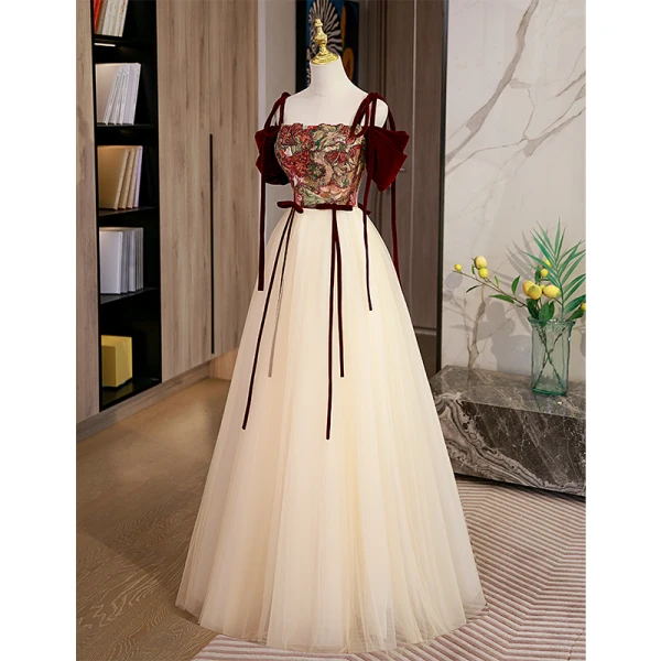 Chic / Beautiful Champagne Embroidered Prom Dresses 2022 A-Line / Princess Off-The-Shoulder Short Sleeve Backless Beading Bow Sash Floor-Length / Long Formal Dresses