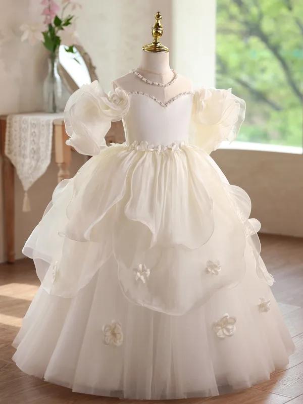 Exquisite Champagne Pearl Appliques Cascading Ruffles Wedding Flower Girl Dresses 2026 Ball Gown Off-The-Shoulder Short Sleeve Backless