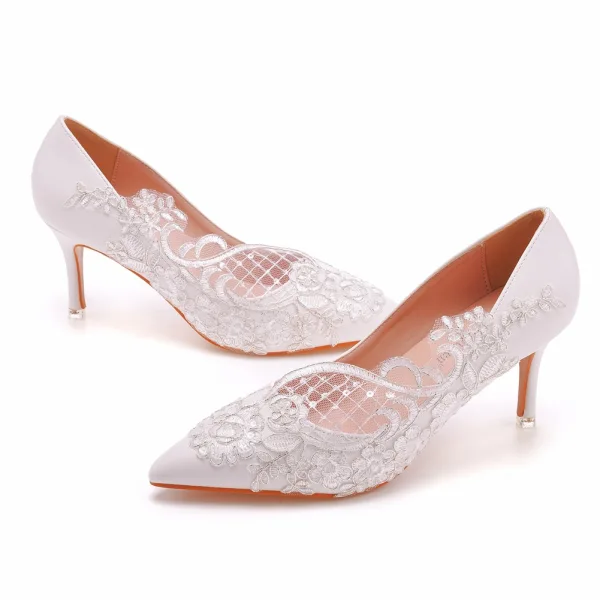 Elegante Weiß Pailletten Spitze Blumen Hochzeit Pumps 2023 7 cm Stilettos Spitzschuh Pumps Hochhackige