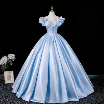 Élégant Bleu Ciel Robe De Bal 2026 Robe Boule Volants De L Épaule Noeud Manches Courtes Dos Nu Longue Robe De Ceremonie