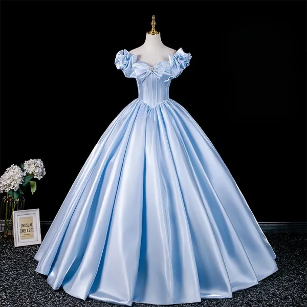 Elegant Sky Blue Prom Dresses 2026 Ball Gown Ruffle Off-The-Shoulder Bow  Short Sleeve Backless Floor-Length / Long Formal Dresses