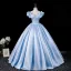 Elegant Sky Blue Prom Dresses 2026 Ball Gown Ruffle Off-The-Shoulder Bow Short Sleeve Backless Floor-Length / Long Formal Dresses