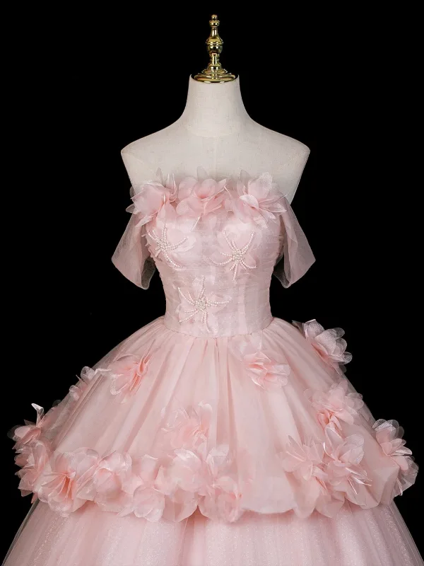 Flower Fairy Blushing Pink Appliques Beading Prom Dresses 2026 Ball Gown Off-The-Shoulder Sleeveless Backless Floor-Length / Long Formal Dresses