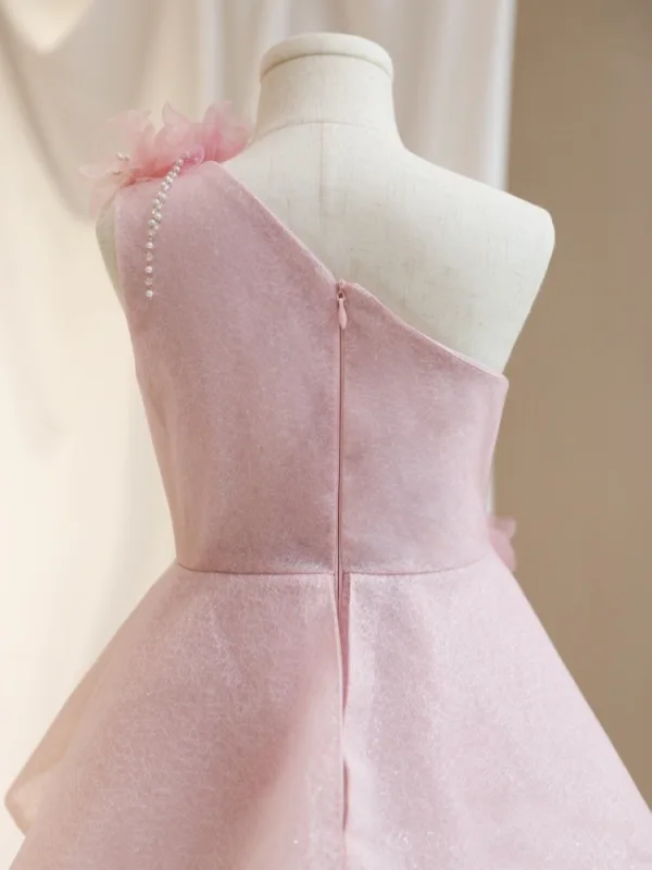 Modest / Simple Blushing Pink Appliques Short Birthday Flower Girl Dresses 2024 A-Line / Princess One-Shoulder Sleeveless Backless Tulle
