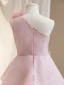 Modest / Simple Blushing Pink Appliques Short Birthday Flower Girl Dresses 2024 A-Line / Princess One-Shoulder Sleeveless Backless Tulle
