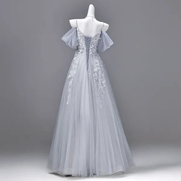 Flower Fairy Prom Dresses Grey Sequins Appliques Prom Dresses 2026 A-Line / Princess Spaghetti Straps Short Sleeve Backless Floor-Length / Long Formal Dresses