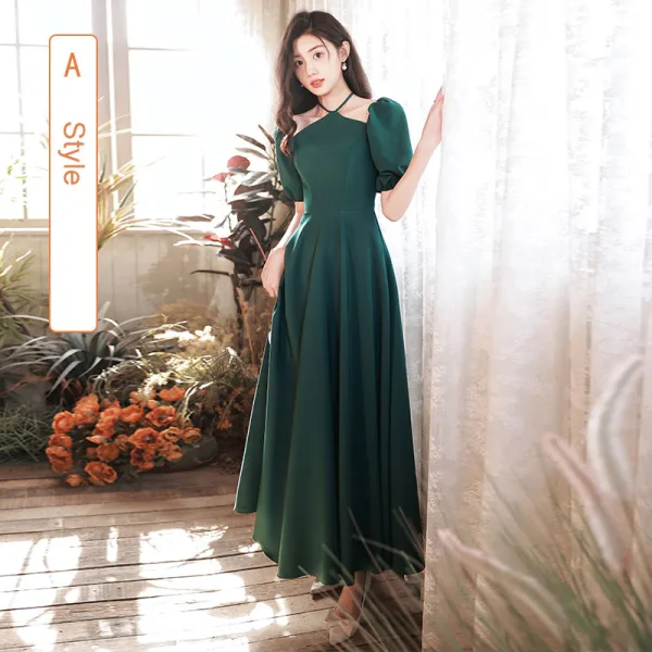 Modest / Simple Dark Green Satin Bridesmaid Dresses 2022 A-Line / Princess Short Sleeve Backless Floor-Length / Long