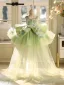 Chic / Beautiful Sage Green Pearl Sequins Appliques Short Birthday Flower Girl Dresses 2026 Ball Gown Spaghetti Straps Sleeveless Backless Tulle