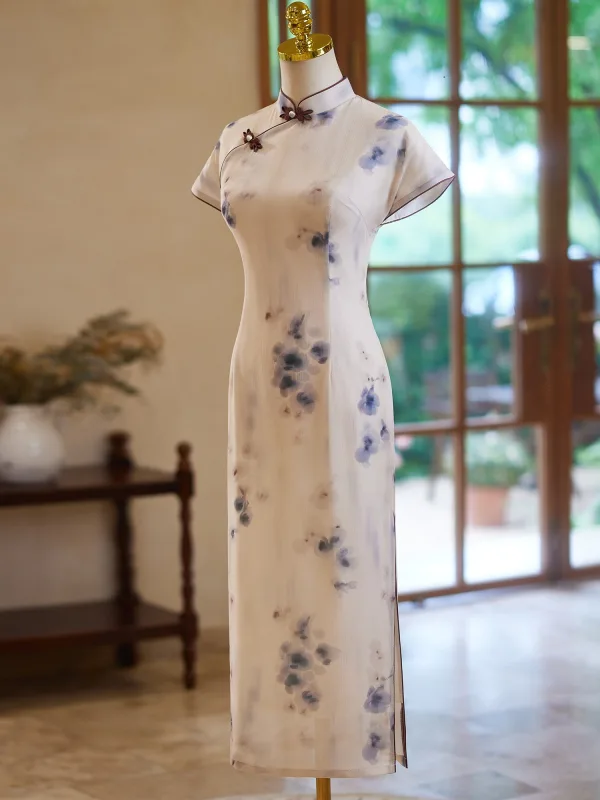 Chinese style Vintage / Retro Beige Printing Tea-length Cheongsam 2024 Trumpet / Mermaid High Neck Short Sleeve