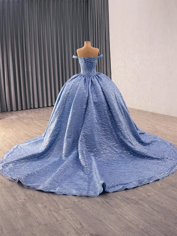 High-end Ocean Blue Handmade  Beading Sequins Prom Dresses 2014 Ball Gown Off-The-Shoulder Sleeveless Backless Royal Train Formal Dresses