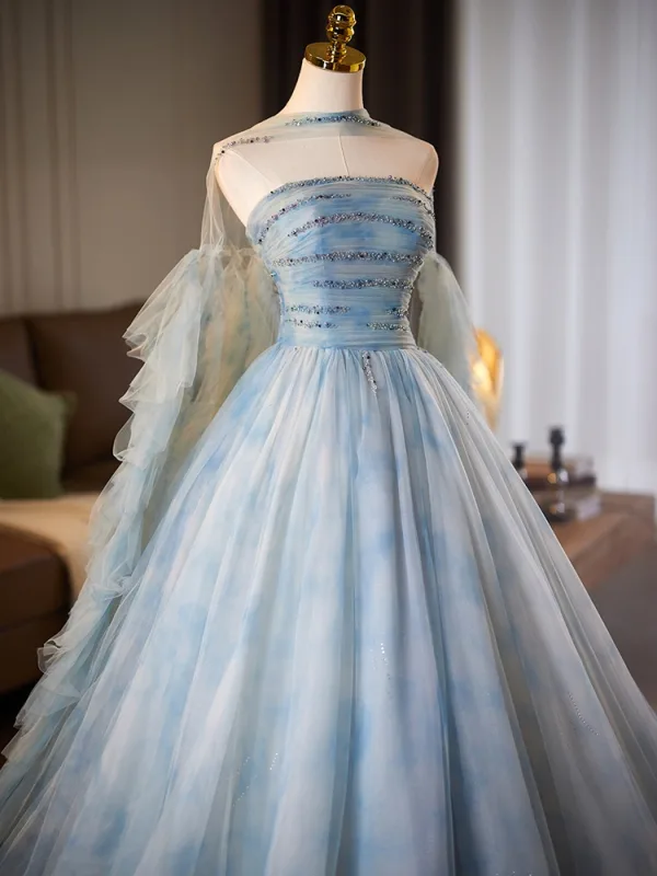 Schöne Himmelblau Pailletten Ballkleider 2025 Ballkleid Bandeau Ärmellos Rückenfreies Lange Ball Festliche Kleider