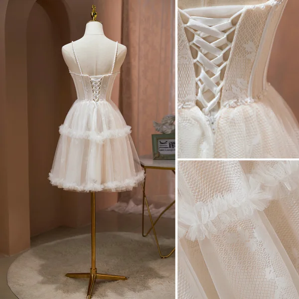 Sexy Nude Pearl Pierced Evening Party Party Dresses 2022 A-Line / Princess Spaghetti Straps Sleeveless Backless Short Party Dresses