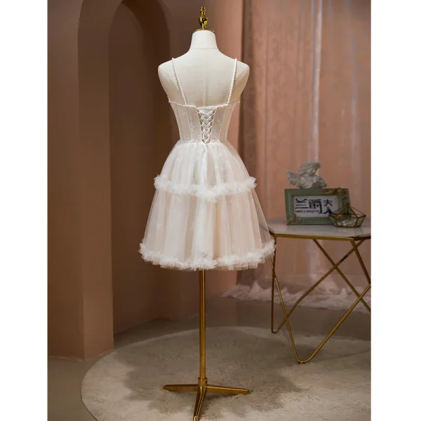 Sexy Nude Pearl Pierced Evening Party Party Dresses 2022 A-Line / Princess Spaghetti Straps Sleeveless Backless Short Party Dresses