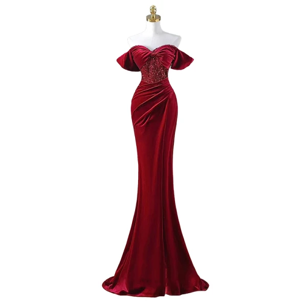 Charming Burgundy Beading Sequins Suede Evening Dresses 2023 Trumpet / Mermaid Velour Off-The-Shoulder Short Sleeve Backless Floor-Length / Long Evening Party Formal Dresses
