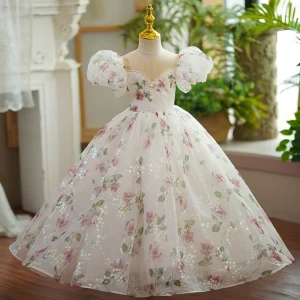Flower Fairy White Star Sequins Printing Birthday Flower Girl Dresses 2023 Ball Gown Scoop Neck Puffy Short Sleeve Floor Length Long