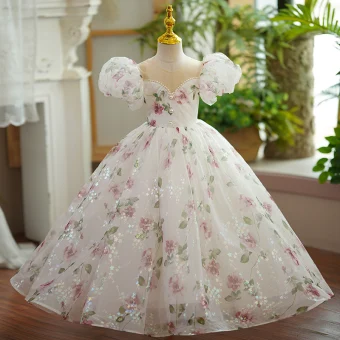 Flower Fairy White Star Sequins Printing Birthday Flower Girl Dresses 2023 Ball Gown Scoop Neck Puffy Short Sleeve Floor Length Long