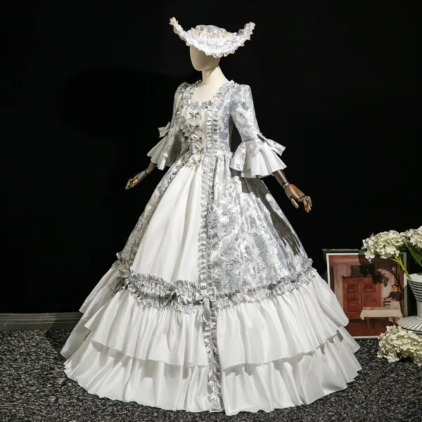 Vintage / Retro Medieval Ivory Printing Bow Prom Dresses 2025 Ball Gown Square Neckline Bell sleeves Floor-Length / Long Prom Formal Dresses