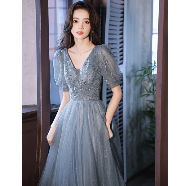 Elegant Sky Blue Beading Sequins Prom Dresses 2022 A-Line / Princess V-Neck Short Sleeve Backless Floor-Length / Long Prom Formal Dresses