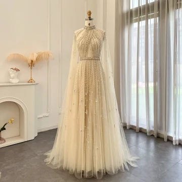 High End Beige Handmade Beading Sequins Rhinestone Prom Dresses 2024 A Line Princess High Neck Sleeveless Floor Length Long Prom Formal Dresses