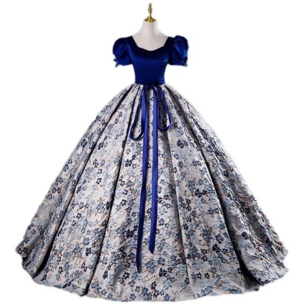 Elegant Royal Blue Printing Prom Dresses 2023 Ball Gown Satin Square Neckline Short Sleeve Backless Bow Sash Floor-Length / Long Prom Formal Dresses