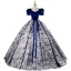 Elegant Royal Blue Printing Prom Dresses 2023 Ball Gown Satin Square Neckline Short Sleeve Backless Bow Sash Floor-Length / Long Prom Formal Dresses