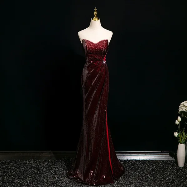 Sexy Bling Bling Burgundy Sequins Evening Dresses 2025 Trumpet / Mermaid Strapless Sleeveless Backless Floor-Length / Long Evening Party Formal Dresses