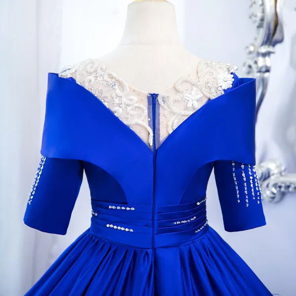 Vintage / Retro Royal Blue Beading Rhinestone Sequins Prom Dresses 2024 Organza Ball Gown Scoop Neck Short Sleeve Floor-Length / Long Prom Formal Dresses