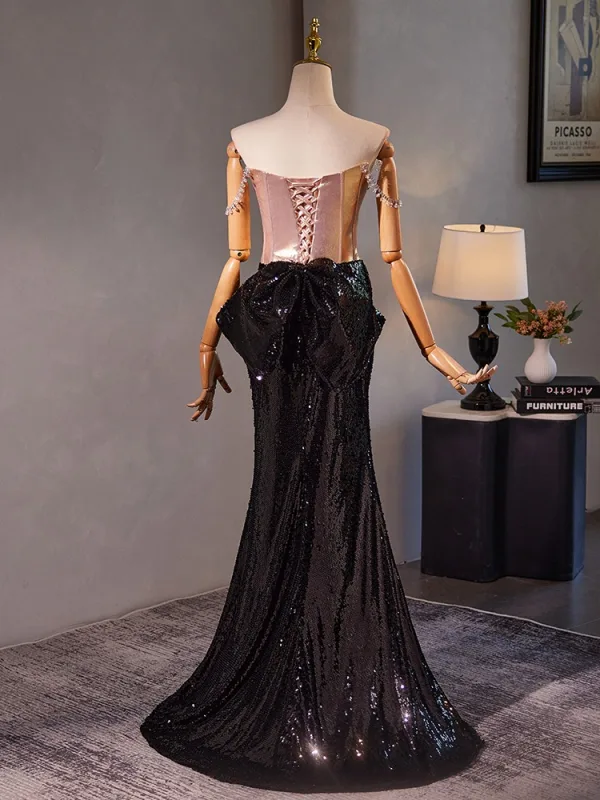 Charmant Rosa Perlenstickerei Strass Pailletten Abendkleider 2024 Meerjungfrau Bandeau Ärmellos Rückenfreies Sweep / Pinsel Zug Ball Festliche Kleider