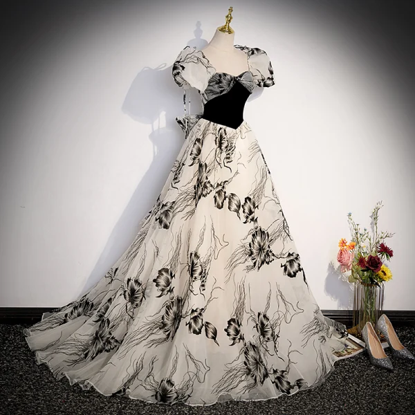 Chic / Beautiful Black Prom Dresses 2023 A-Line / Princess Square Neckline Puffy Short Sleeve Backless Bow Floor-Length / Long Prom Formal Dresses